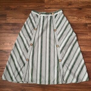 Green Striped 100% Cotton Midi Skirt Wood Buttons Women Large Boho Fairy Cottage